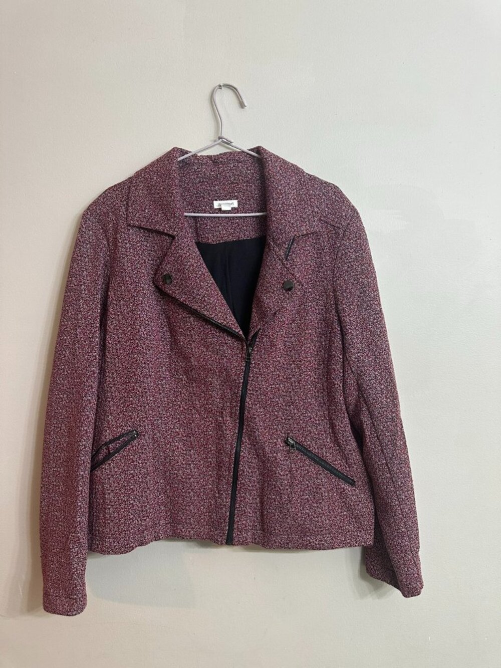 Westport 1X Marled Knit Moto Jacket Burgundy Zip Biker Plus Size - Picture 2 of 12